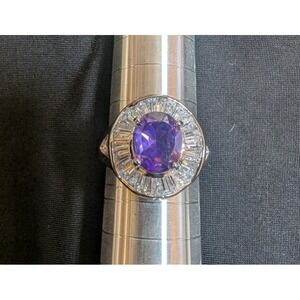 Statement Ring Womens Size 9 Purple Oval Gemstone Baguette Halo Silver Tone
